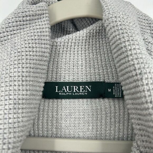 LRL Lauren Ralph Lauren Gray Waffle Knit Sweater Top Funnel Neck Drawstring Sz M - Picture 9 of 10